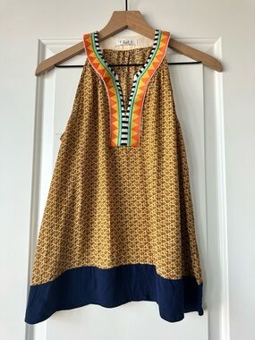 THML Mustard Printed Halter Tank with Embroidered Trim